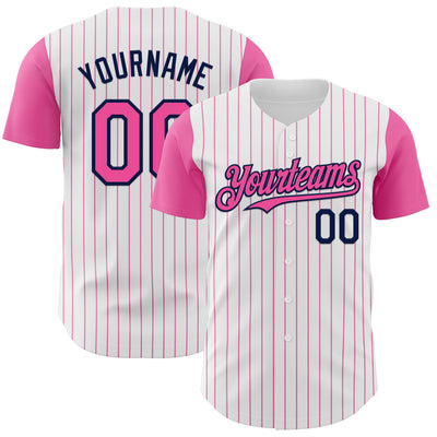 Custom White Pink Pinstripe Navy Authentic Two Tone Baseball Jersey