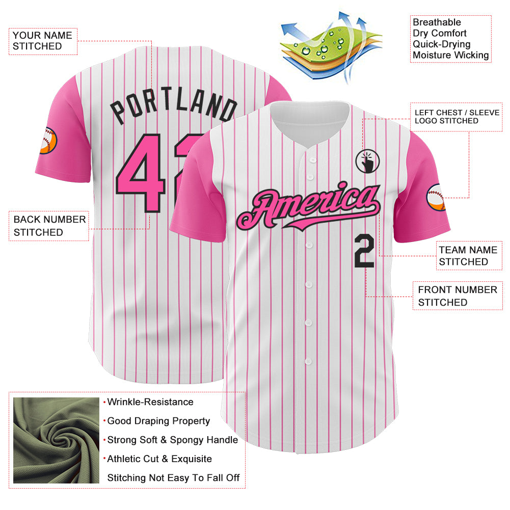 Custom White Pink Pinstripe Black Authentic Two Tone Baseball Jersey