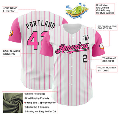Custom White Pink Pinstripe Black Authentic Two Tone Baseball Jersey