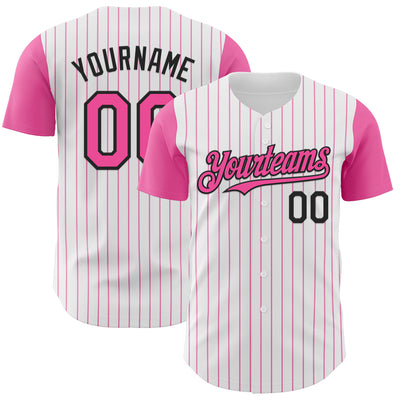 Custom White Pink Pinstripe Black Authentic Two Tone Baseball Jersey