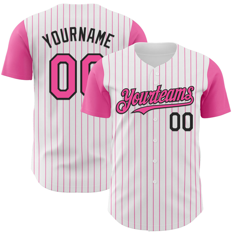 Custom White Pink Pinstripe Black Authentic Two Tone Baseball Jersey