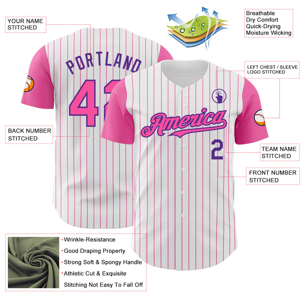 Custom White Pink Pinstripe Purple Authentic Two Tone Baseball Jersey