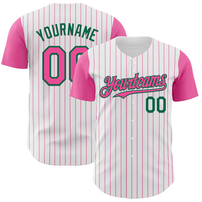 Custom White Pink Pinstripe Kelly Green Authentic Two Tone Baseball Jersey