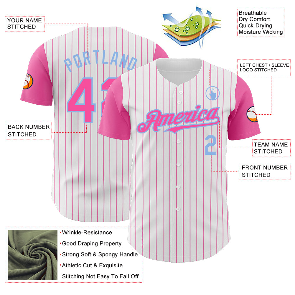 Custom White Pink Pinstripe Light Blue Authentic Two Tone Baseball Jersey
