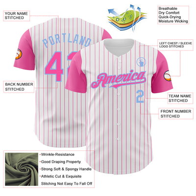 Custom White Pink Pinstripe Light Blue Authentic Two Tone Baseball Jersey