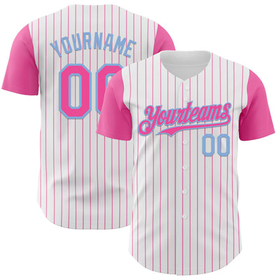 Custom White Pink Pinstripe Light Blue Authentic Two Tone Baseball Jersey