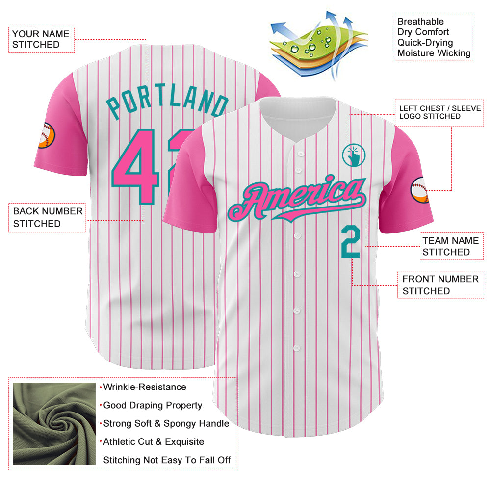 Custom White Pink Pinstripe Teal Authentic Two Tone Baseball Jersey
