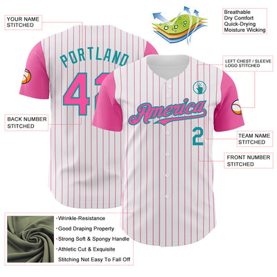 Custom White Pink Pinstripe Teal Authentic Two Tone Baseball Jersey