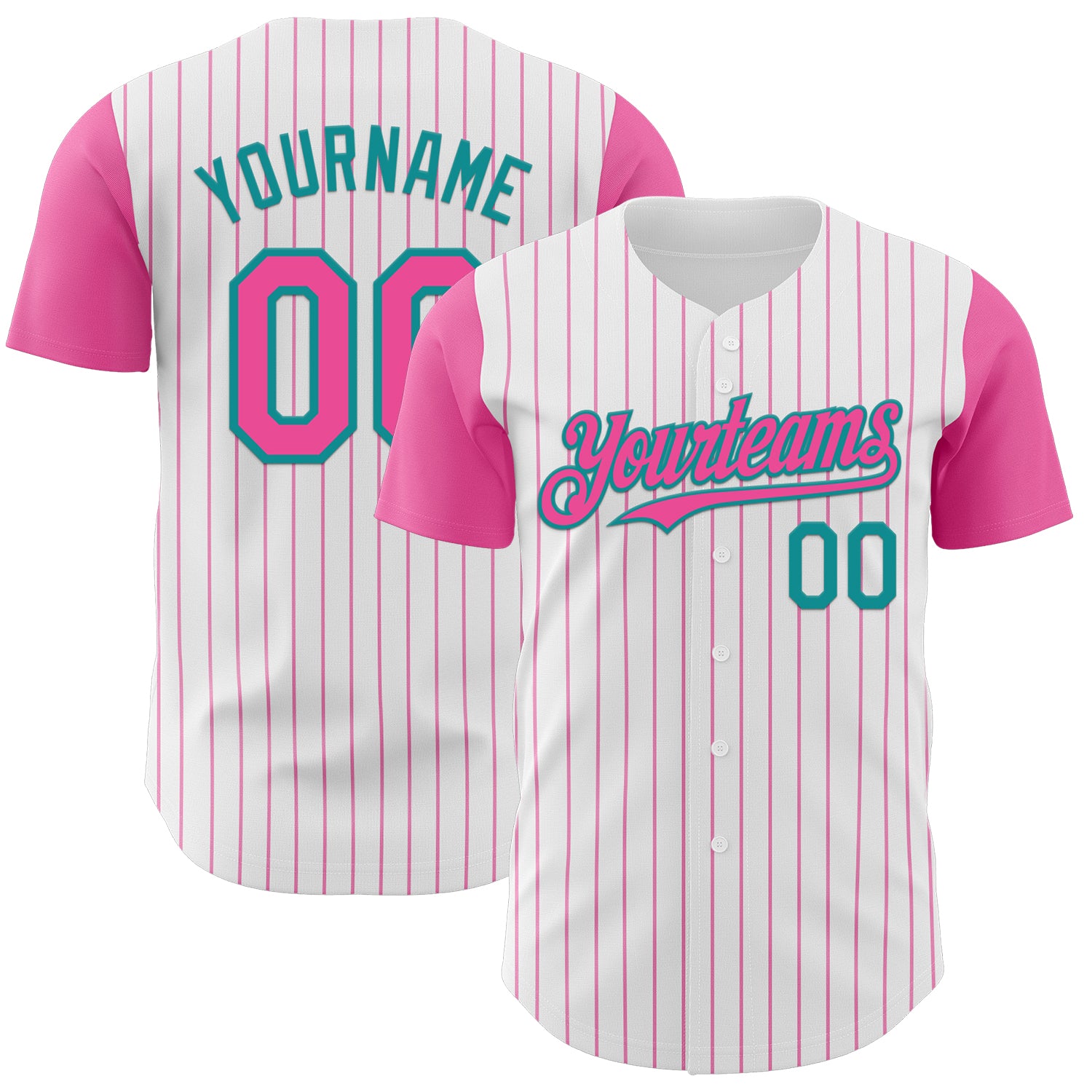 Custom White Pink Pinstripe Teal Authentic Two Tone Baseball Jersey