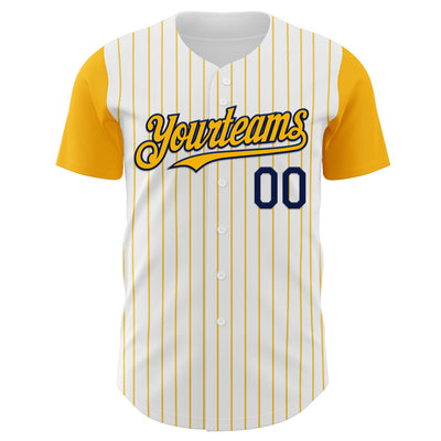 Custom White Gold Pinstripe Navy Authentic Two Tone Baseball Jersey