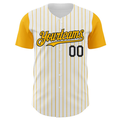 Custom White Gold Pinstripe Black Authentic Two Tone Baseball Jersey