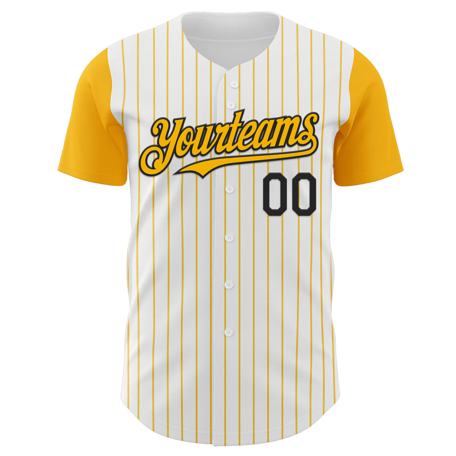 Custom White Gold Pinstripe Black Authentic Two Tone Baseball Jersey