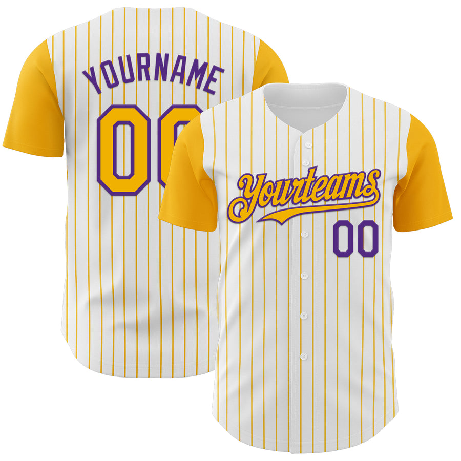 Custom White Gold Pinstripe Purple Authentic Two Tone Baseball Jersey