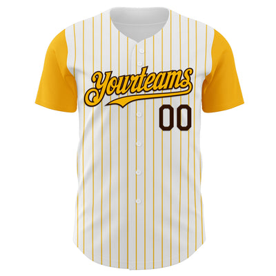 Custom White Gold Pinstripe Brown Authentic Two Tone Baseball Jersey