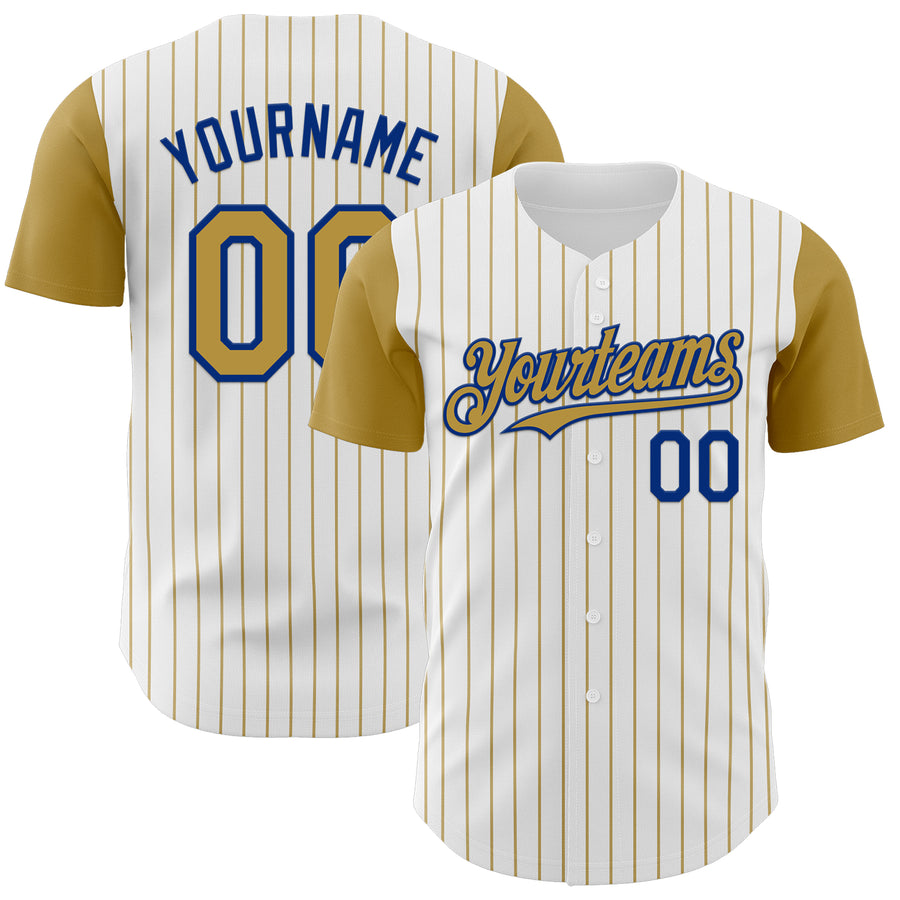 Custom White Old Gold Pinstripe Royal Authentic Two Tone Baseball Jersey