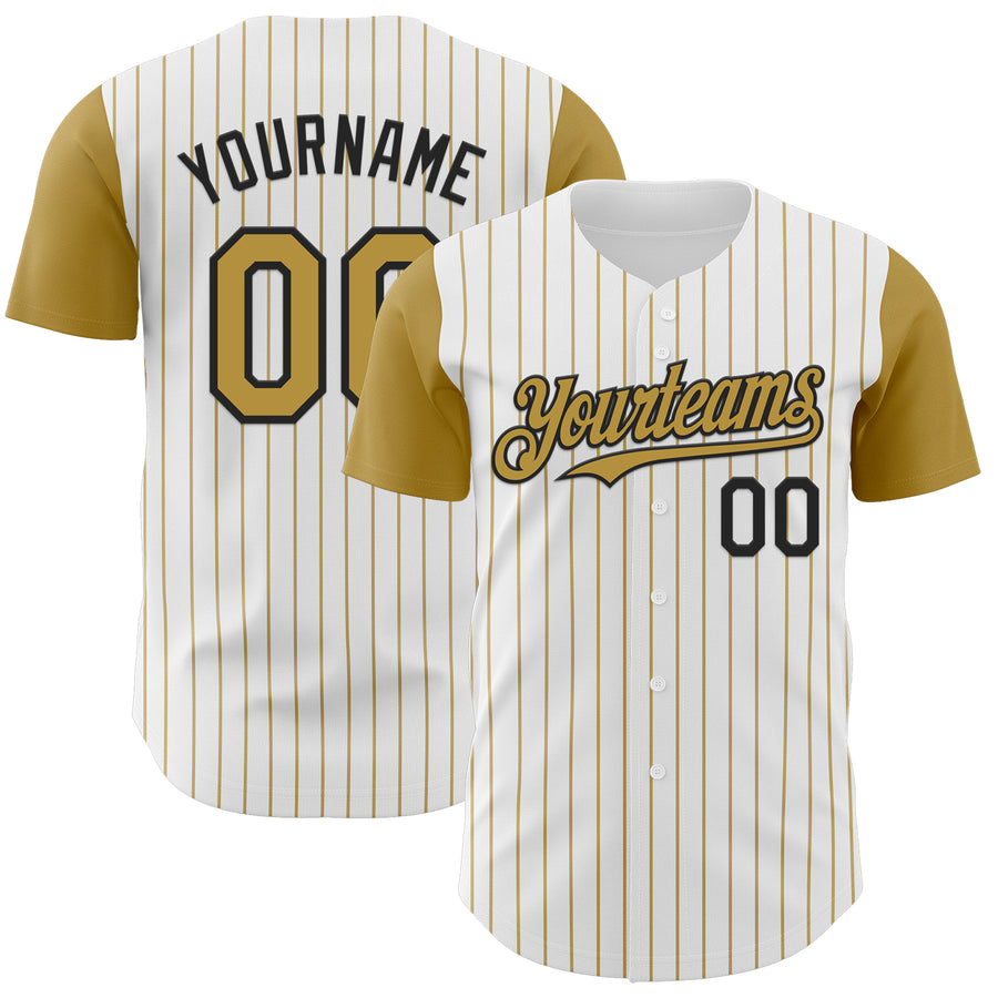 Custom White Old Gold Pinstripe Black Authentic Two Tone Baseball Jersey