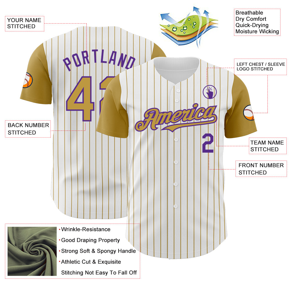 Custom White Old Gold Pinstripe Purple Authentic Two Tone Baseball Jersey