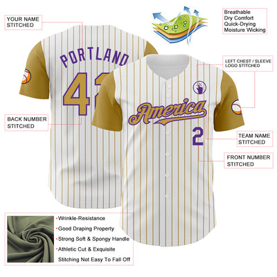 Custom White Old Gold Pinstripe Purple Authentic Two Tone Baseball Jersey