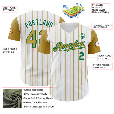 Custom White Old Gold Pinstripe Kelly Green Authentic Two Tone Baseball Jersey