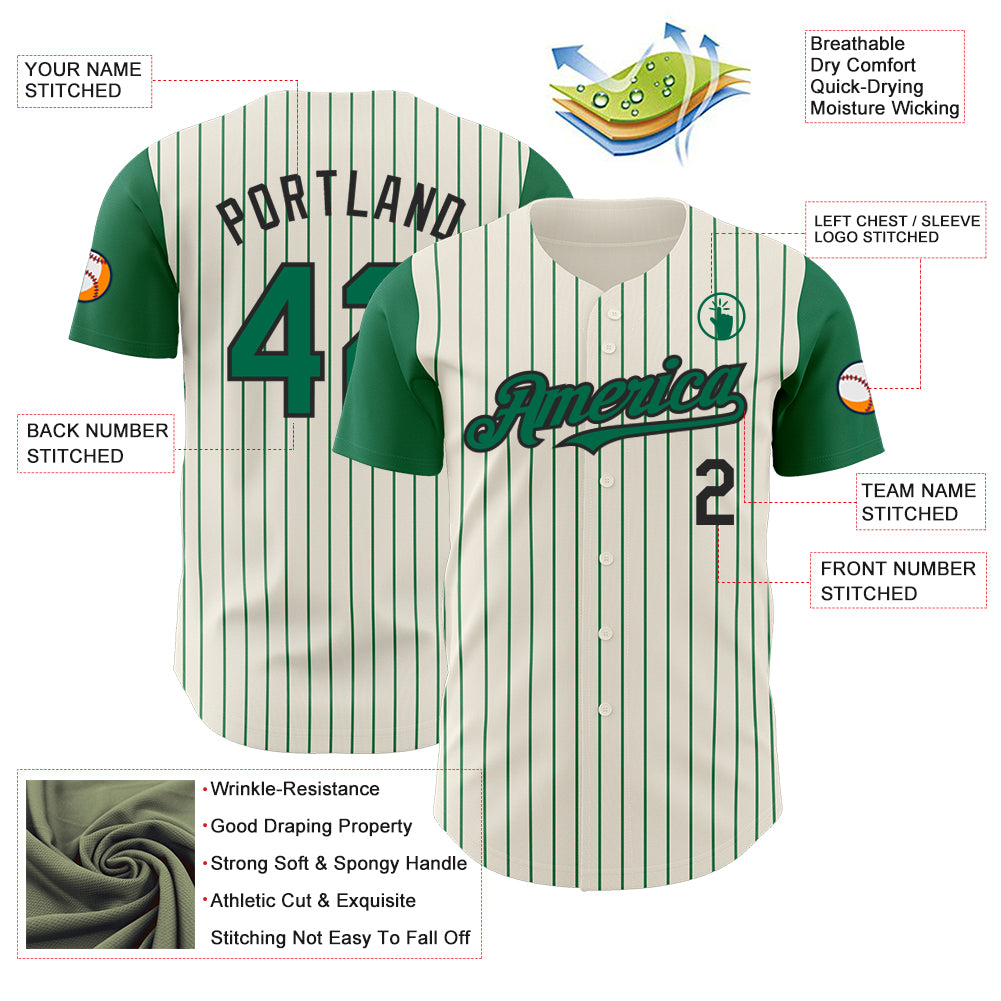 Custom Cream Kelly Green Pinstripe Black Authentic Two Tone Baseball Jersey