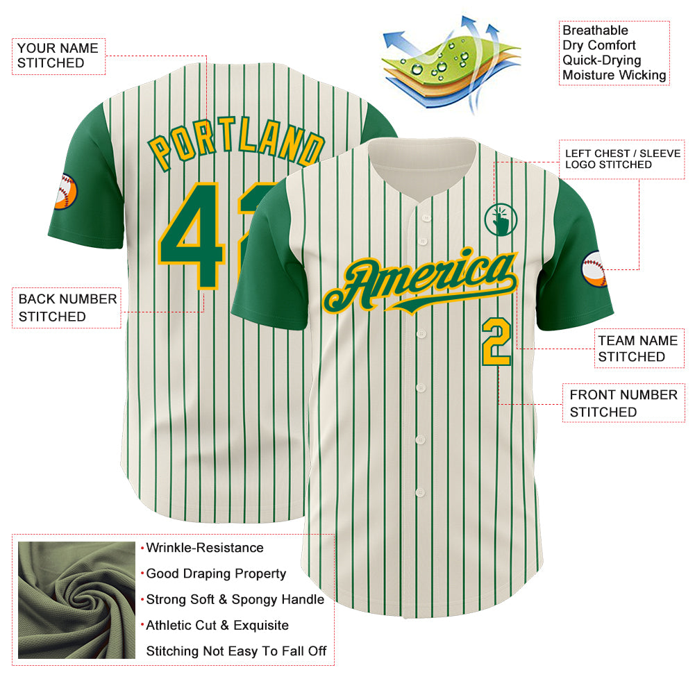 Custom Cream Kelly Green Pinstripe Gold Authentic Two Tone Baseball Jersey