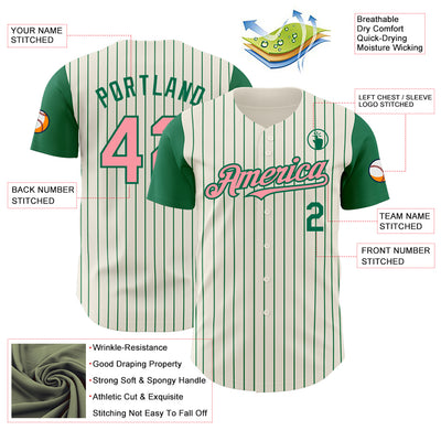 Custom Cream Kelly Green Pinstripe Medium Pink Authentic Two Tone Baseball Jersey