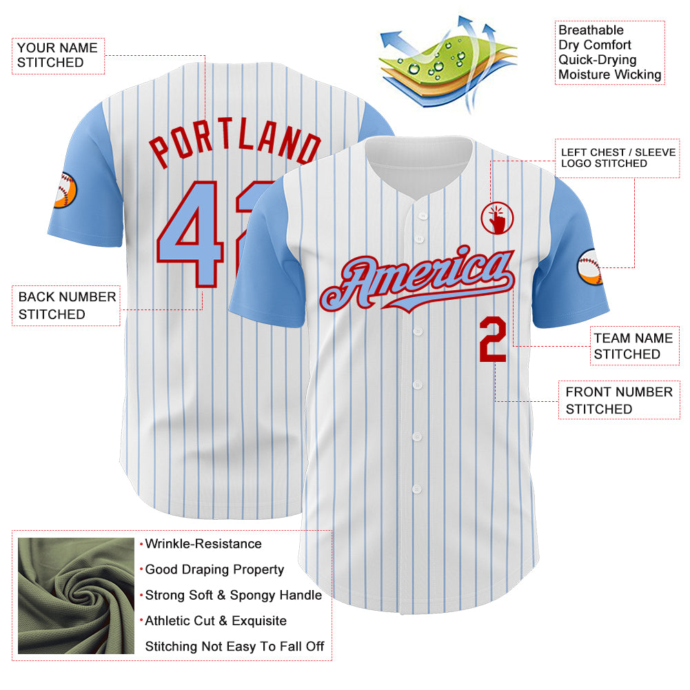 Custom White Light Blue Pinstripe Red Authentic Two Tone Baseball Jersey