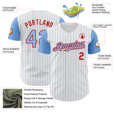 Custom White Light Blue Pinstripe Red Authentic Two Tone Baseball Jersey