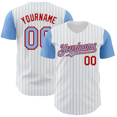 Custom White Light Blue Pinstripe Red Authentic Two Tone Baseball Jersey