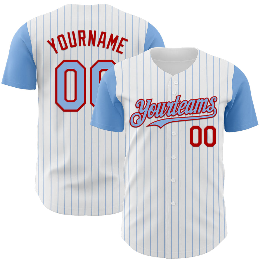 Custom White Light Blue Pinstripe Red Authentic Two Tone Baseball Jersey