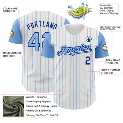 Custom White Light Blue Pinstripe Royal Authentic Two Tone Baseball Jersey