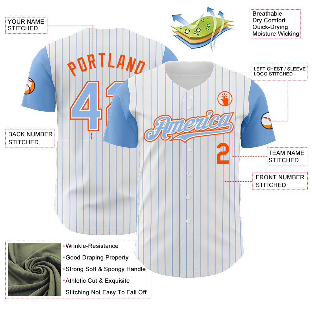 Custom White Light Blue Pinstripe Orange Authentic Two Tone Baseball Jersey