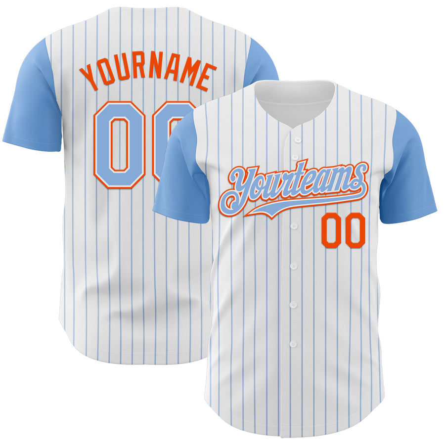Custom White Light Blue Pinstripe Orange Authentic Two Tone Baseball Jersey
