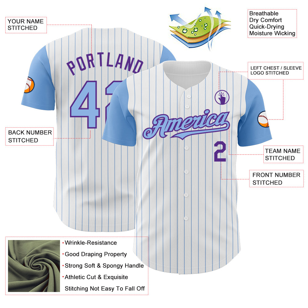 Custom White Light Blue Pinstripe Purple Authentic Two Tone Baseball Jersey