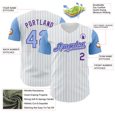 Custom White Light Blue Pinstripe Purple Authentic Two Tone Baseball Jersey