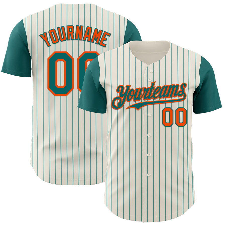 Custom Cream Teal Pinstripe Orange Authentic Two Tone Baseball Jersey