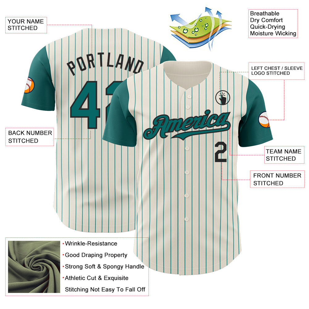 Custom Cream Teal Pinstripe Black Authentic Two Tone Baseball Jersey
