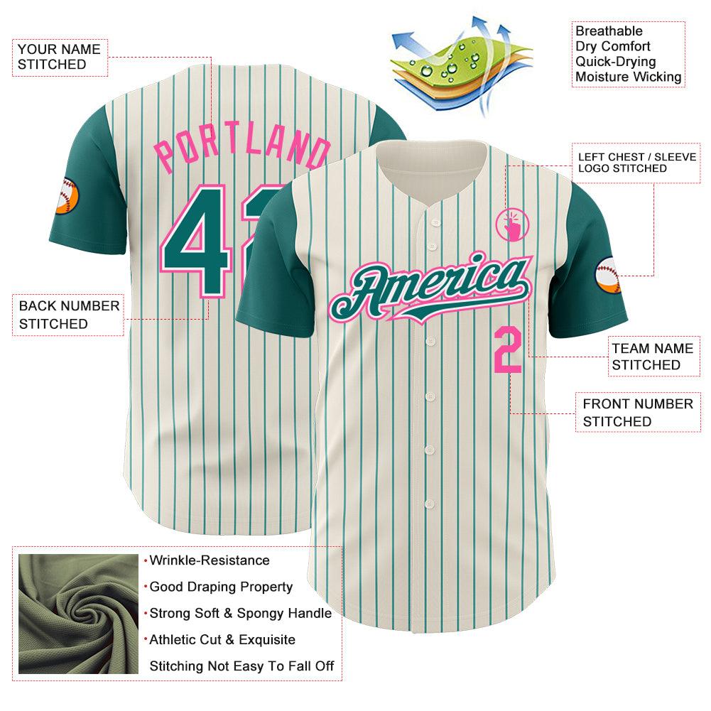 Custom Cream Teal Pinstripe White-Pink Authentic Two Tone Baseball Jersey