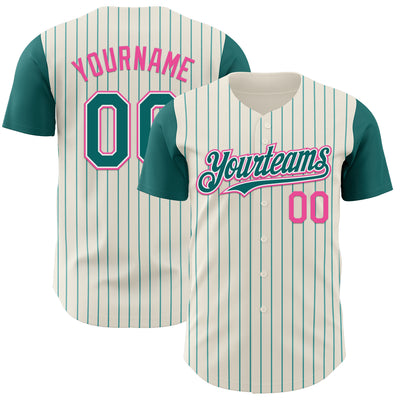 Custom Cream Teal Pinstripe White-Pink Authentic Two Tone Baseball Jersey
