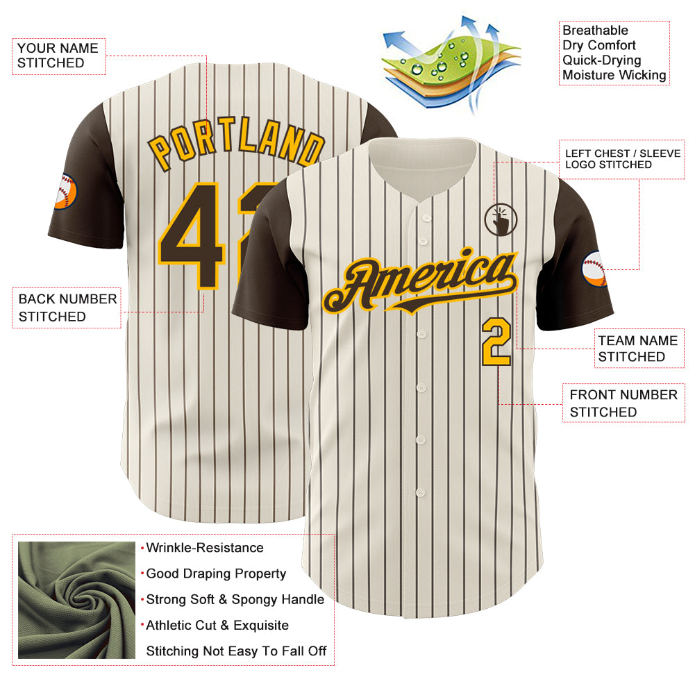 Custom Cream Brown Pinstripe Gold Authentic Two Tone Baseball Jersey