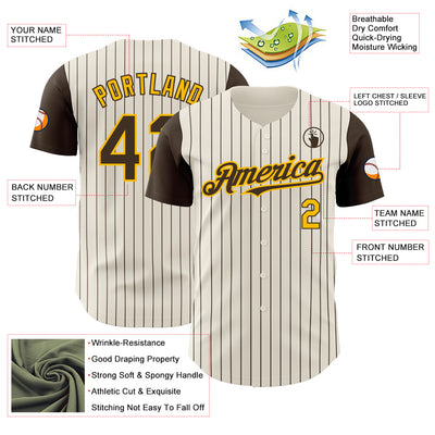 Custom Cream Brown Pinstripe Gold Authentic Two Tone Baseball Jersey