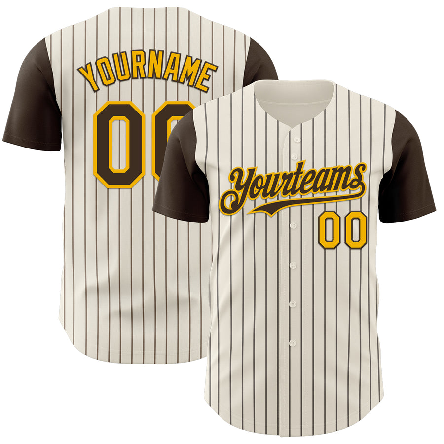 Custom Cream Brown Pinstripe Gold Authentic Two Tone Baseball Jersey