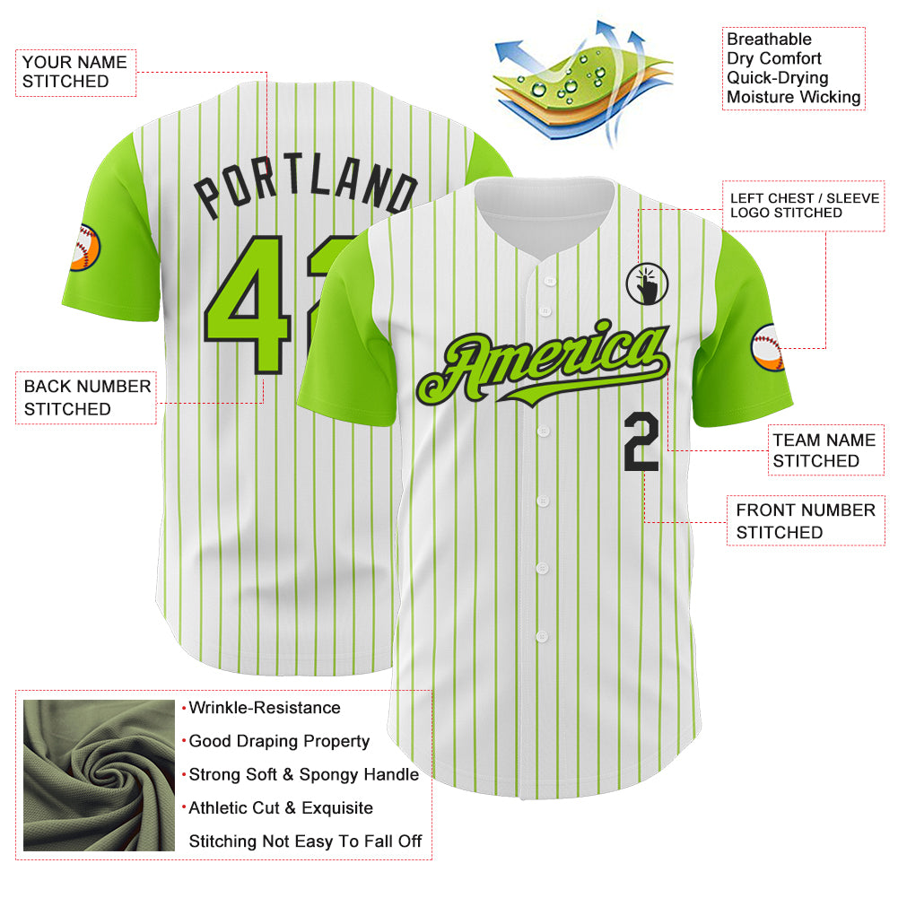 Custom White Neon Green Pinstripe Black Authentic Two Tone Baseball Jersey