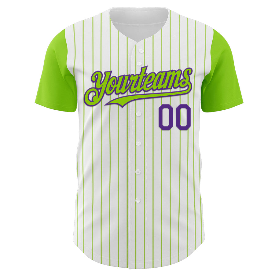 Custom White Neon Green Pinstripe Purple Authentic Two Tone Baseball Jersey