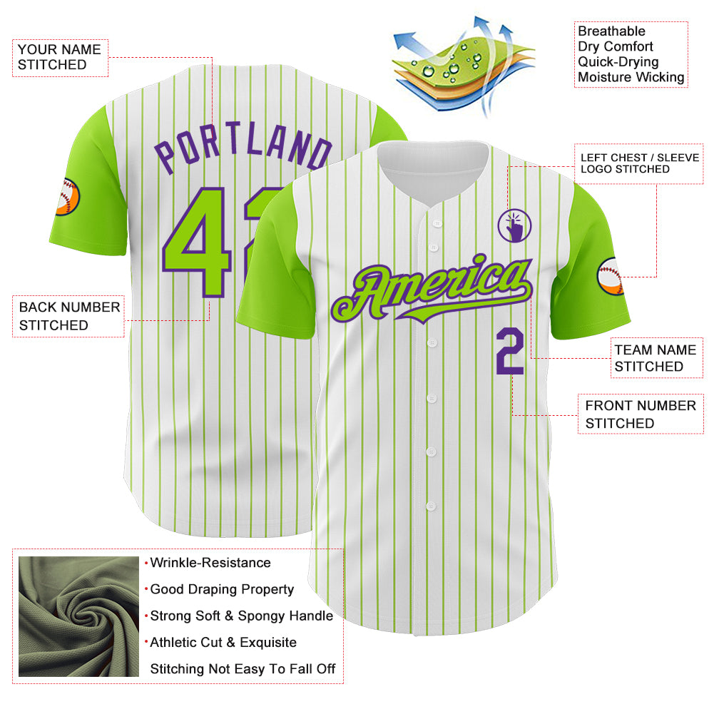 Custom White Neon Green Pinstripe Purple Authentic Two Tone Baseball Jersey
