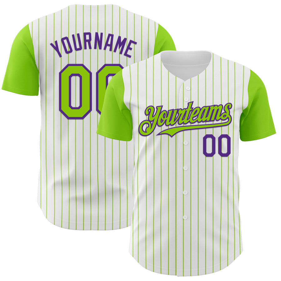 Custom White Neon Green Pinstripe Purple Authentic Two Tone Baseball Jersey