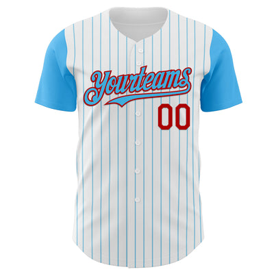 Custom White Sky Blue Pinstripe Red Authentic Two Tone Baseball Jersey