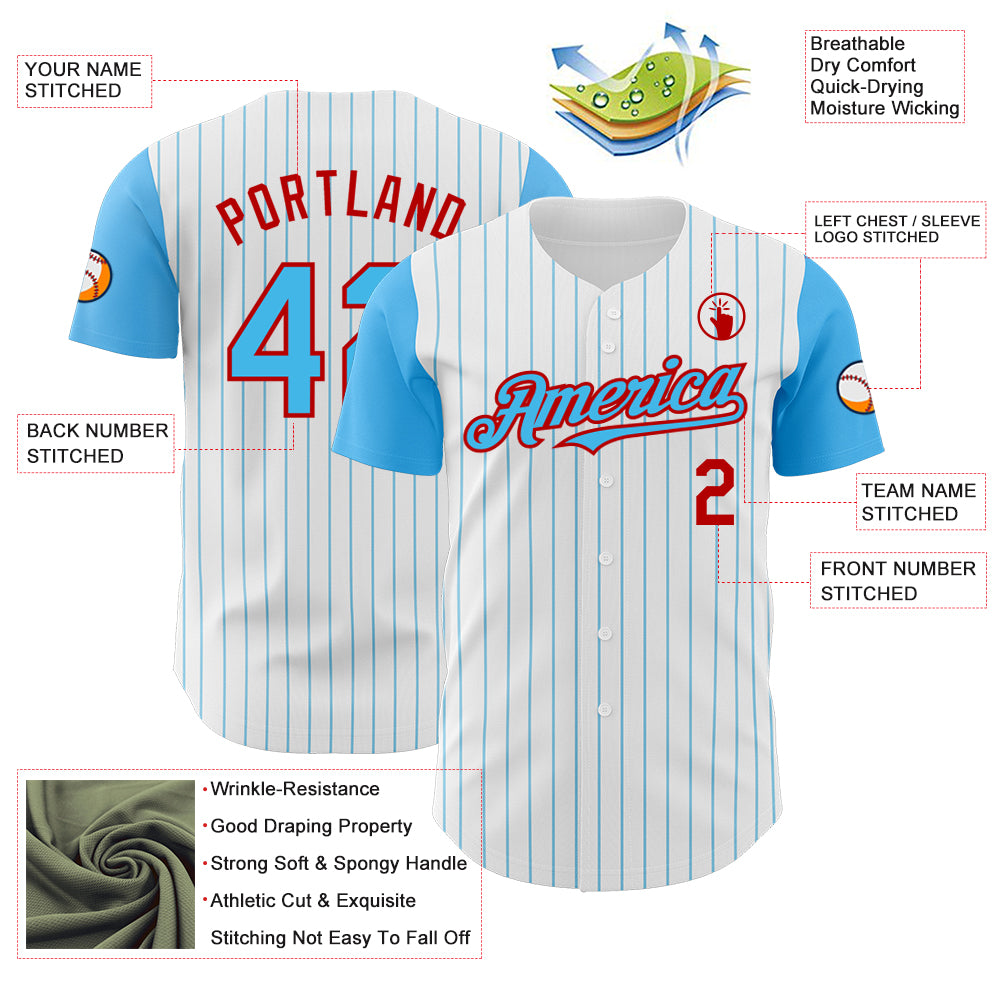 Custom White Sky Blue Pinstripe Red Authentic Two Tone Baseball Jersey