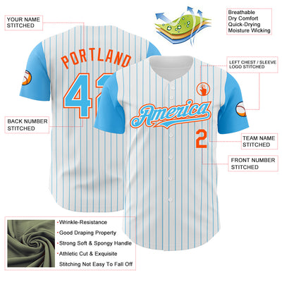 Custom White Sky Blue Pinstripe Orange Authentic Two Tone Baseball Jersey