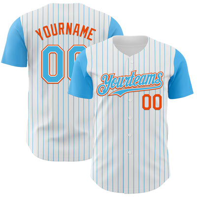 Custom White Sky Blue Pinstripe Orange Authentic Two Tone Baseball Jersey